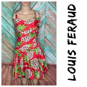 Vintage Louis Feraud Red Pineapple Cotton Ruched Mini Dress